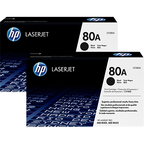 Two black HP LaserJet toner cartridges. Both show the HP logo, the number 80A, and text in multiple languages.