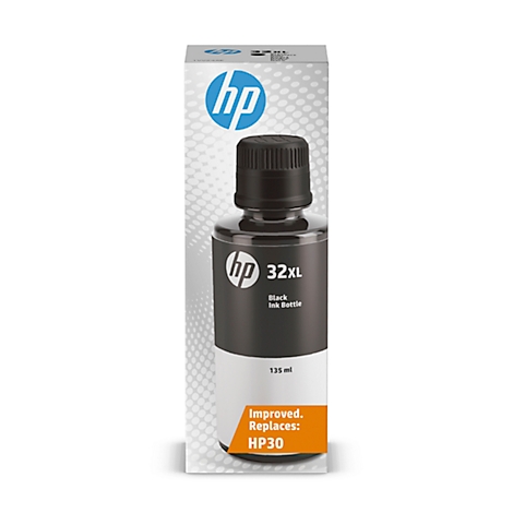 HP 32XL black ink bottle with black cap, in original packaging, 135ml. Replaces HP30.