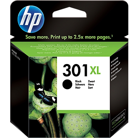 Black HP 301XL ink cartridge with text, butterfly on plant.