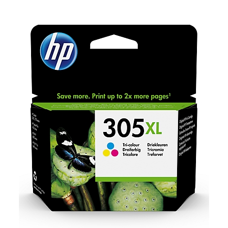Black printer cartridge with “HP” logo and product name “305XL”. The packaging shows a flower and a butterfly.