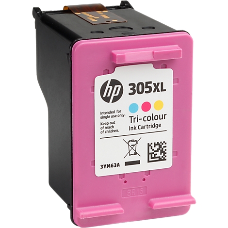 HP 305XL ink cartridge in pink and black. Label with logo, color dots, and warning signs.