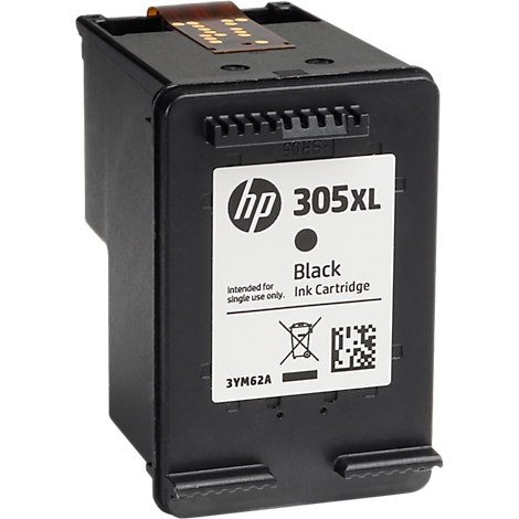 A black HP 305XL ink cartridge. Sticker with logo, product name and symbols.