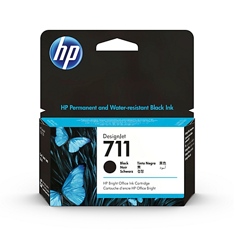 Black ink cartridge HP DesignJet 711. Text reads: Permanent and water-resistant black ink.