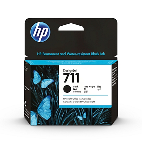 Black HP DesignJet 711 ink cartridge. The packaging shows butterflies, with the imprint 'HP Permanent and Water-resistant Black Ink'.