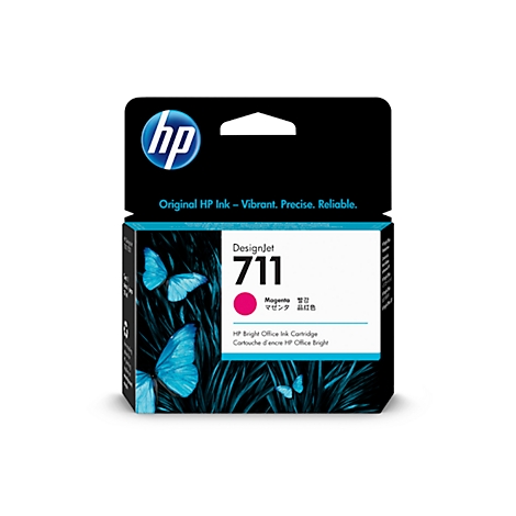 HP Designjet 711 ink cartridge. Black packaging with HP logo, pink color swatch and text.