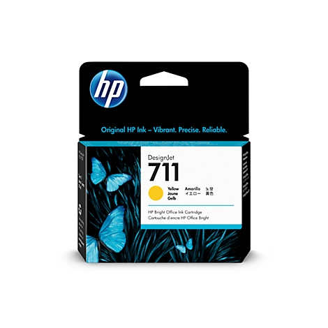 HP DesignJet 711 ink cartridge. Black packaging with blue butterfly pattern and yellow color spot. Text: Original HP Ink.