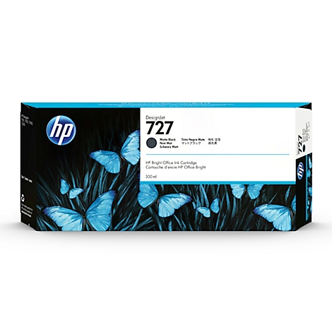 HP Designjet 727 ink cartridge, black ink. Blue butterflies on a black background.