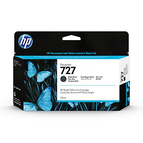 HP ink cartridge 727 in packaging with butterflies. Reads: Matte Black, Schwarz Matt.