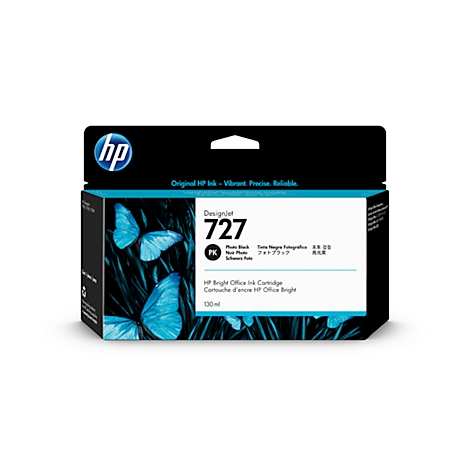 HP Designjet 727 ink cartridge, black, blue butterflies on black background.