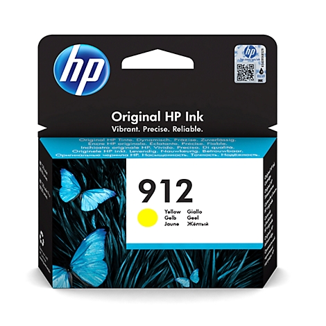Yellow HP 912 ink cartridge with butterflies. Inscription: Original HP Ink, 912, Yellow, Gelb, Jaune, Жёлтый.