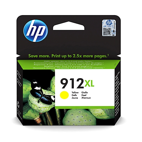 HP 912XL yellow ink cartridge. Black packaging with product information and butterfly illustration.