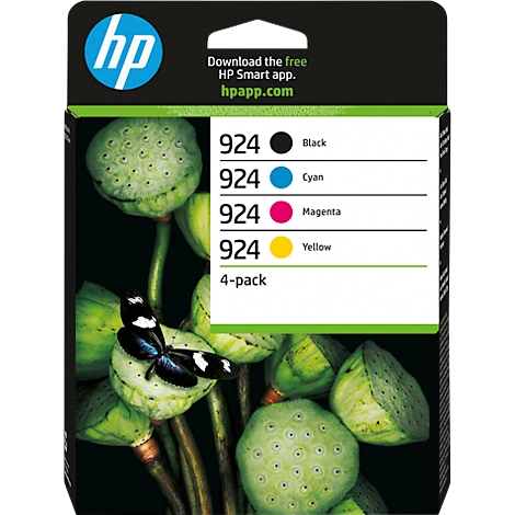 Ink cartridge packaging with lotus blossoms and a butterfly. The package shows the colors black, cyan, magenta and yellow.