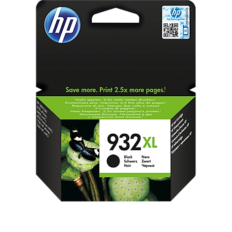 Black HP ink cartridge. The text "932XL" is displayed with text in English, German, Dutch, and Russian. On a green background, with a blue HP logo.