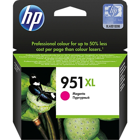 A magenta HP 951 XL ink cartridge. The product is displayed against a floral background with a butterfly and a black backdrop.