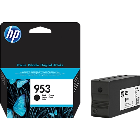 HP 953 black ink cartridge, butterfly design on packaging, and the cartridge itself.
