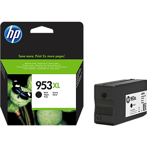 Black HP 953XL ink cartridge, on the right. The product packaging on the left.