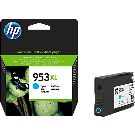 HP 953XL cyan ink cartridge, next to the packaging with butterfly motif and text.