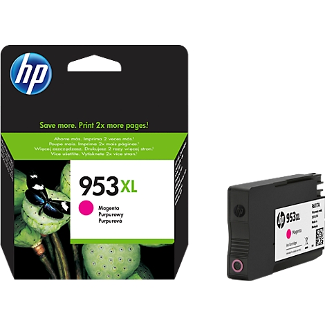 A black HP 953XL ink cartridge, right, and its packaging, left, with texts and a butterfly.