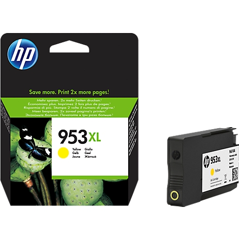 HP 953XL yellow ink cartridge. Text: Save more. Print 2x more pages! With packaging and cartridge.