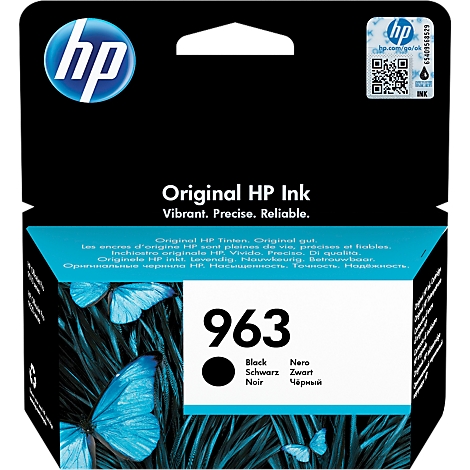 Black HP 963 ink cartridge with product labeling.
