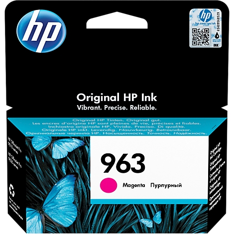 HP 963 magenta ink cartridge. Printed: Original HP Ink. Butterflies on a blue-green background.