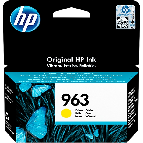 Yellow HP ink cartridge with the number 963, surrounded by a blue background and butterflies.