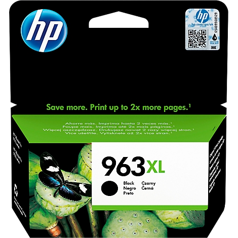 A black HP 963XL ink cartridge. Text says: "Save more. Print up to 2x more pages." and shows a butterfly on a green background.