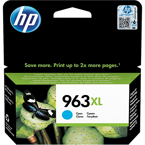 An HP 963XL cyan ink cartridge displayed with a drawing of a butterfly on green seed pods.