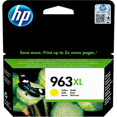 Yellow ink cartridge from HP. Inscription: 963XL. Yellow circle, text in several languages.