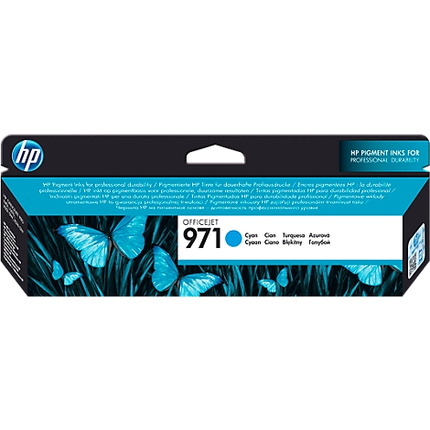 HP Officejet 971 cyan ink cartridge with butterfly design.