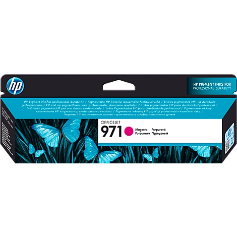 HP Officejet 971 magenta ink cartridge. Image of an opened package with blue butterflies and text.