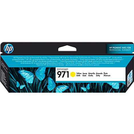 A yellow ink cartridge with the text "Officejet 971". Background with blue butterflies.
