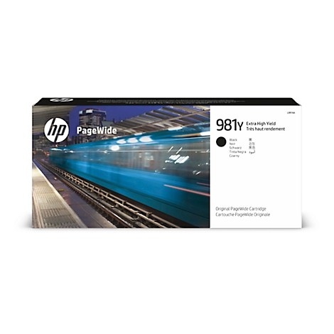 HP 981Y ink cartridge. Print: "PageWide", "Extra High Yield". The cartridge features a picture of a train.