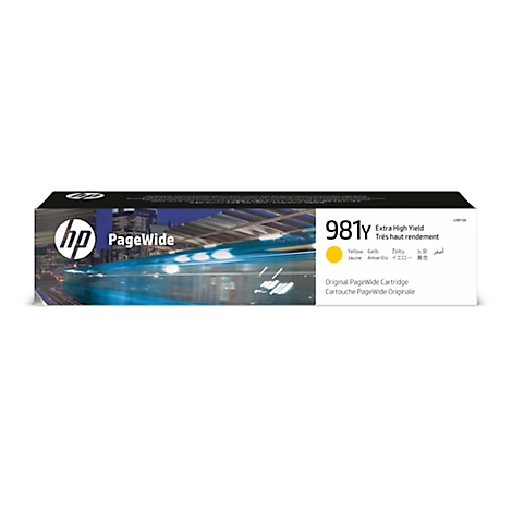 A HP PageWide ink cartridge in a box. The box reads 981Y, Extra High Yield, and Yellow.
