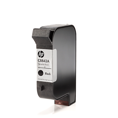 A black HP ink cartridge against a white background. The label says: C8842A, Versatile Black, Black.