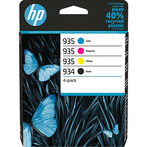 HP ink cartridges in a 4-pack, pictured with blue butterflies. The colors are cyan, magenta, yellow, and black.