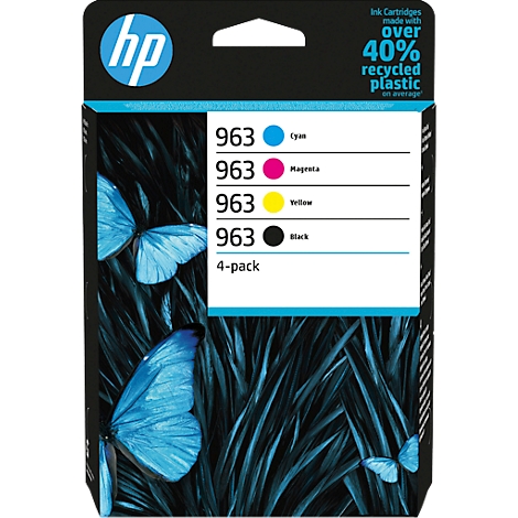 HP ink cartridge pack with butterfly motif. Includes cyan, magenta, yellow and black. Over 40% recycled plastic.