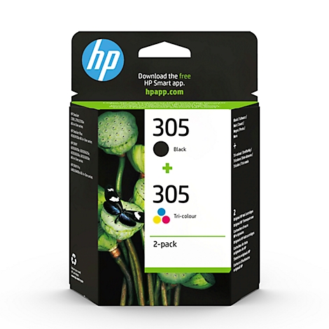Schwarze und dreifarbige HP 305 Tintenpatronen im 2er-Pack.