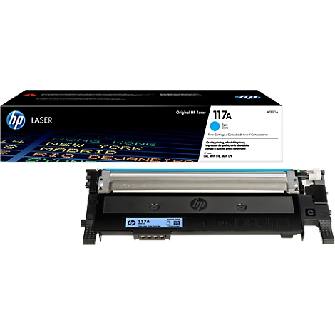 An HP Laser Toner cartridge 117A and its packaging. Black cartridge with blue cylinder, blue packaging with white text.