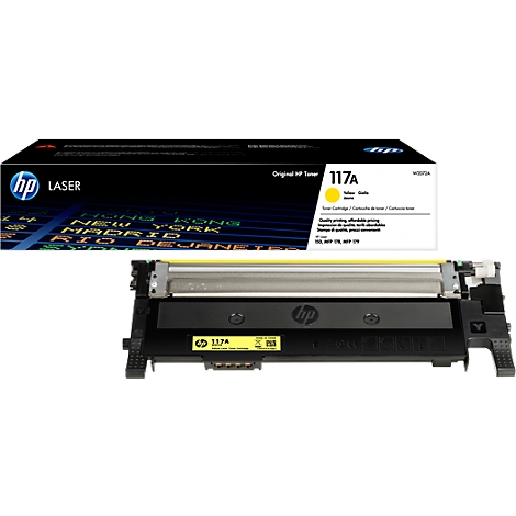 An opened yellow HP toner cartridge lies in front of the product packaging. Both show lettering such as “HP LASER” and “117A”.