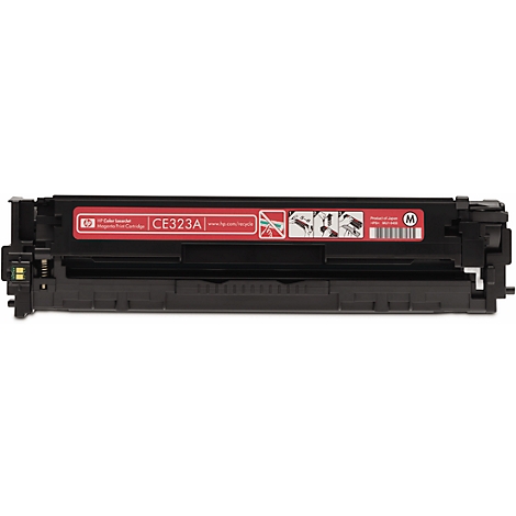 Schwarze, rechteckige Tonerkartusche mit roter Beschriftung 'CE323A' und HP-Logo.