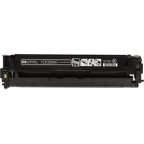 Black toner cartridge with 'CE320A' inscription. The HP logo and pictograms are visible.