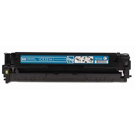 A black HP toner cartridge with a turquoise label, marked with CE321A.