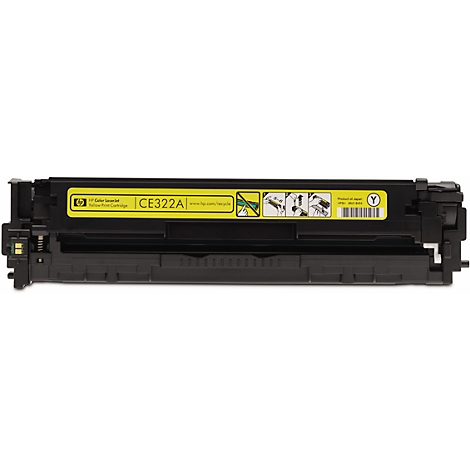 Yellow toner cartridge, model CE322A, with HP logo, text and instructions on a yellow surface, bordered by black plastic.