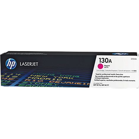 HP LaserJet toner cartridge, package with the writing '130A Magenta'.