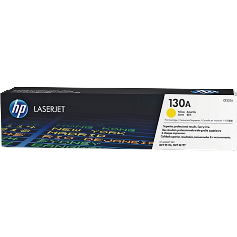 Yellow HP 130A laser toner cartridge. Prints: "130A", "Yellow", "LaserJet".