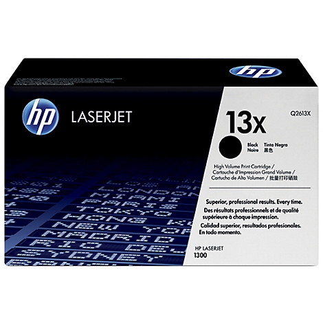Black HP LaserJet toner cartridge, 13x, with print. Inscription: Black, high print volume.