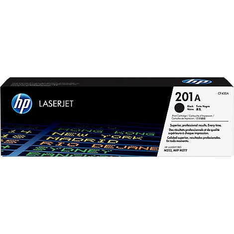HP LaserJet toner cartridge, model 201A, in black. Inscriptions: HP, Laserjet, and cities like New York and Hong Kong.