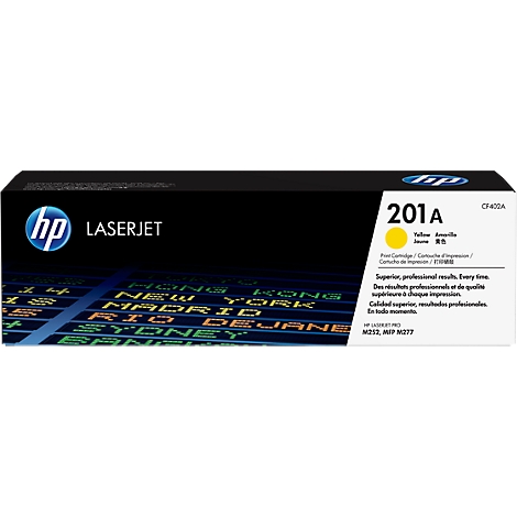 Yellow HP 201A Laserjet toner cartridge. Inscription: '201A', 'Yellow', 'Laserjet'. Black background with city names.