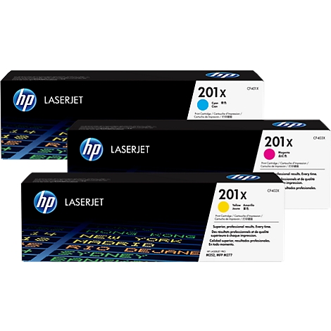 Three stacked HP LaserJet toner cartridges with color markings: cyan, magenta, and yellow.
